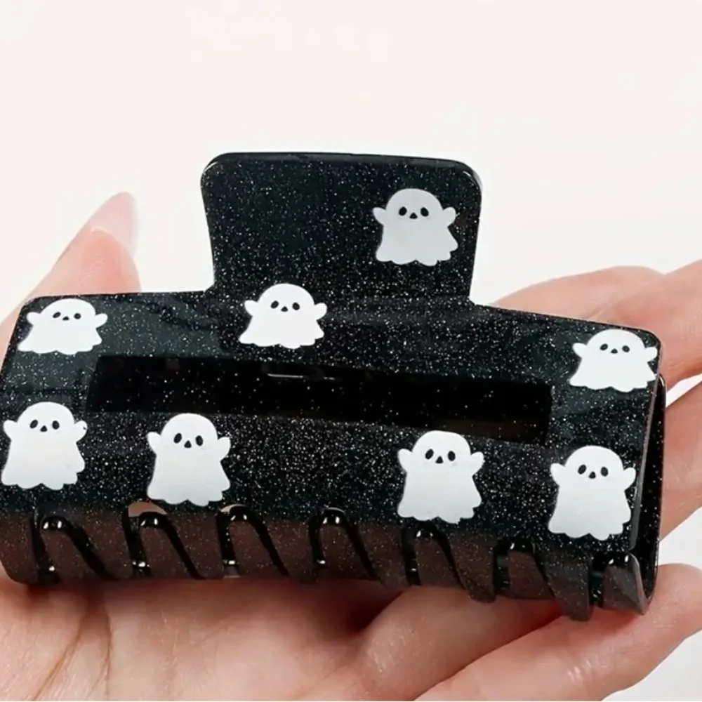 Black Hair Clip with White Ghosts Perfect for Halloween